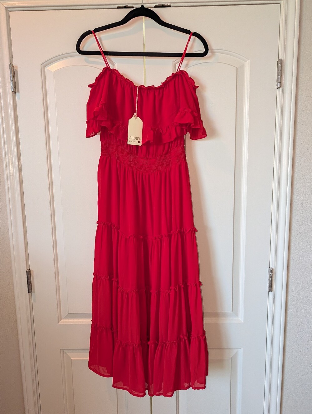 NWT: Jodifl Off Shoulder Tiered Smocked Maxi Dress- Size Large